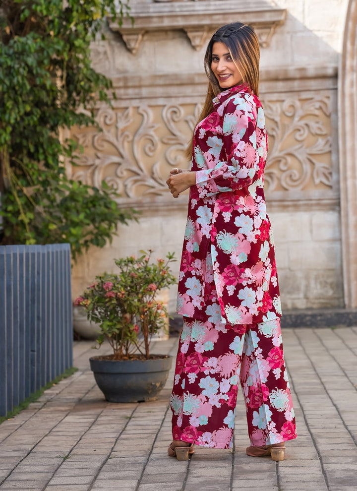 Lassya Fashion Maroon and White Vibrant Abstract Floral Co-ord Set For Summer