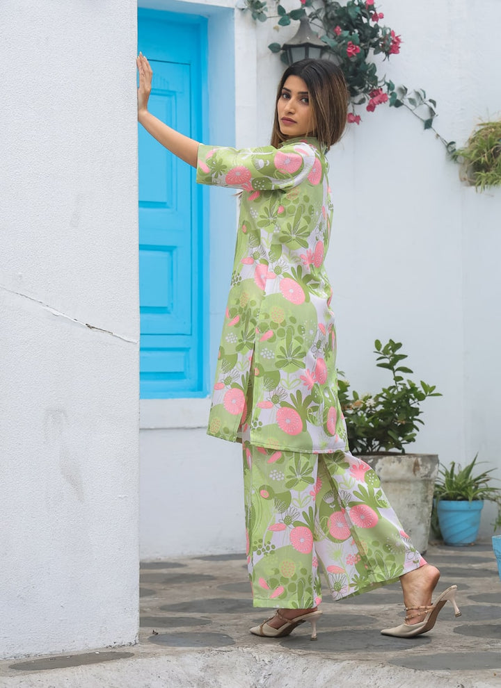 Lassya Fashion Pista Green Vibrant Abstract Floral Co-ord Set Your Ticket to Summer Fun