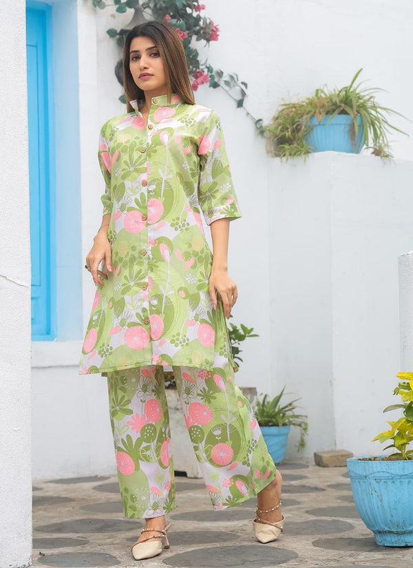 Lassya Fashion Pista Green Vibrant Abstract Floral Co-ord Set Your Ticket to Summer Fun