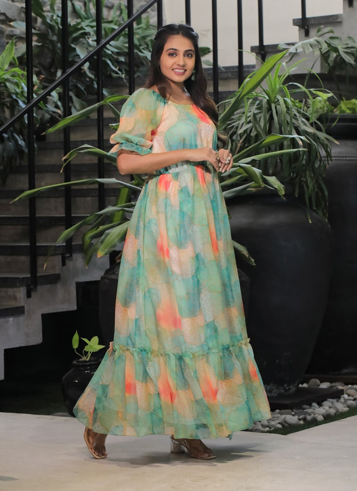 Lassya Fashion Sage Green Elegant Georgette Maxi Dress with Ruffle Flair
