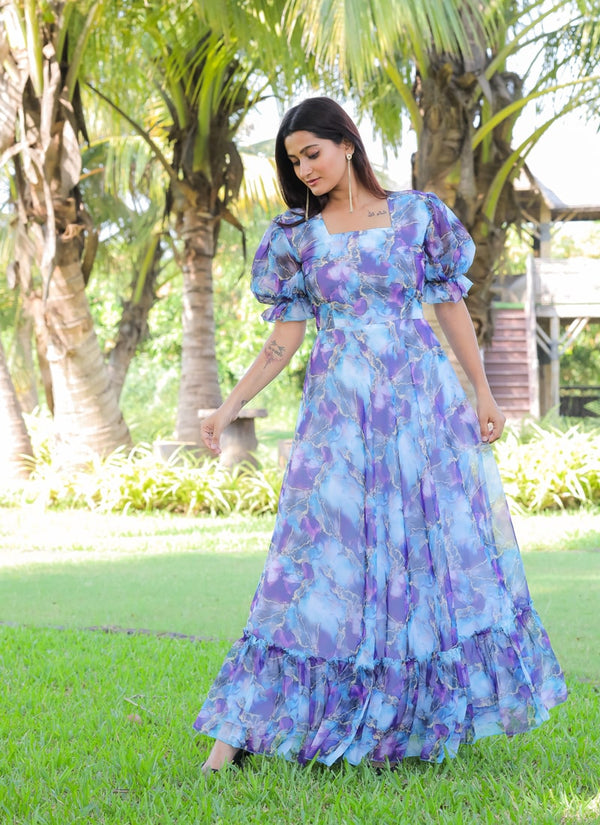 Lassya Fashion Lilac Elegant Georgette Maxi Dress with Ruffle Flair