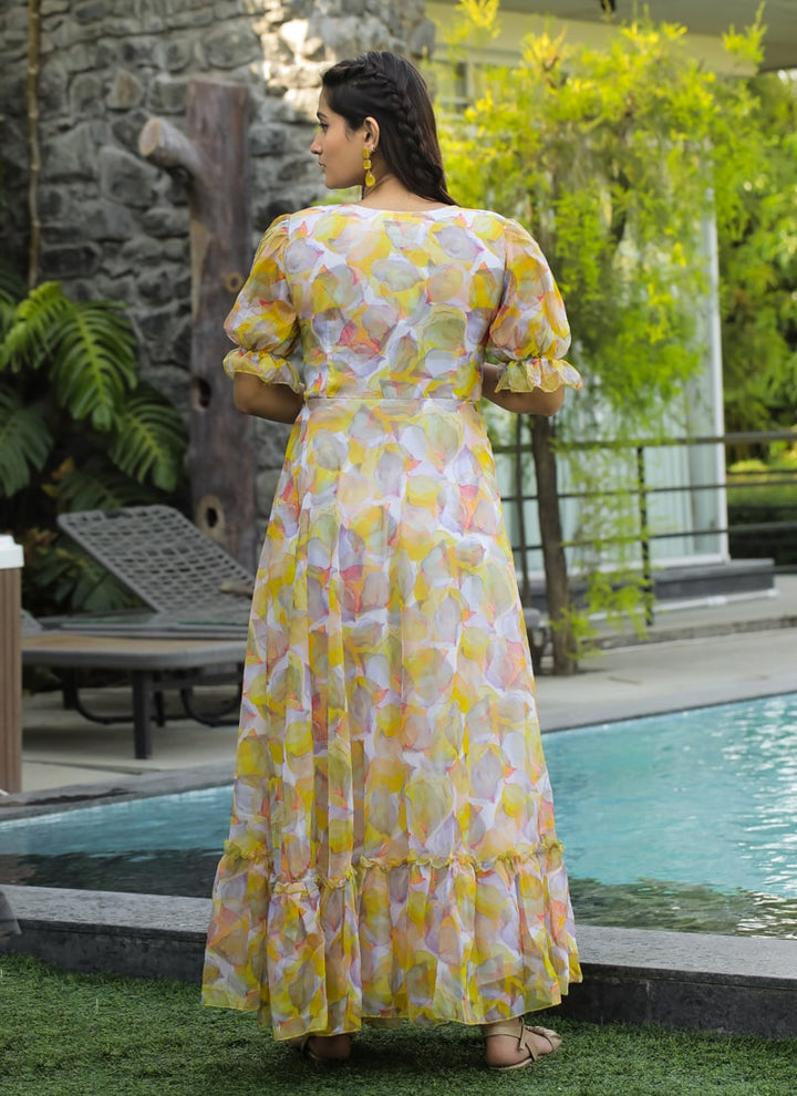 Lassya Fashion Yellow Elegant Georgette Maxi Dress with Ruffle Flair