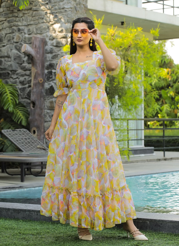 Lassya Fashion Yellow Elegant Georgette Maxi Dress with Ruffle Flair