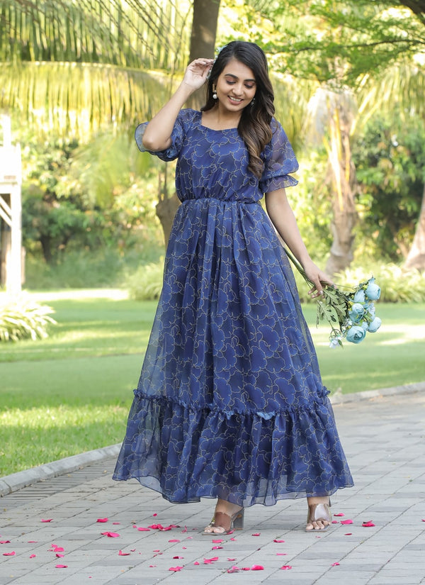 Lassya Fashion Midnigt Blue Elegant Georgette Maxi Dress with Ruffle Flair