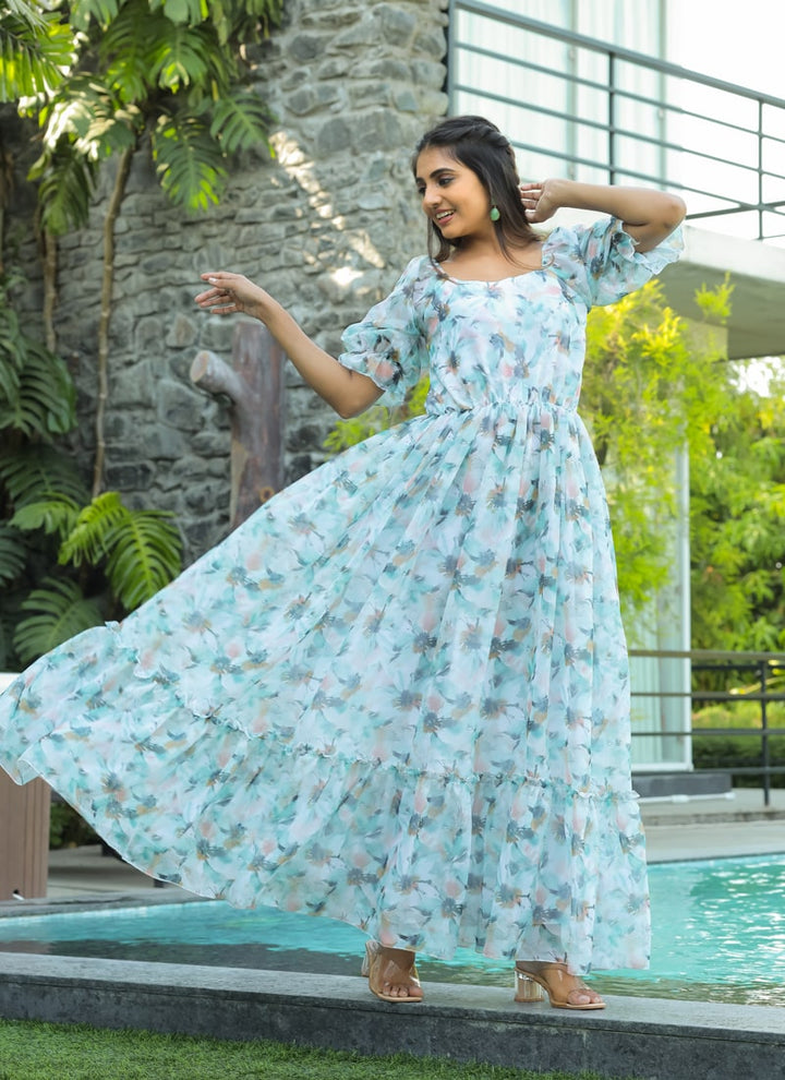 Lassya Fashion Sea Blue Elegant Georgette Maxi Dress with Ruffle Flair
