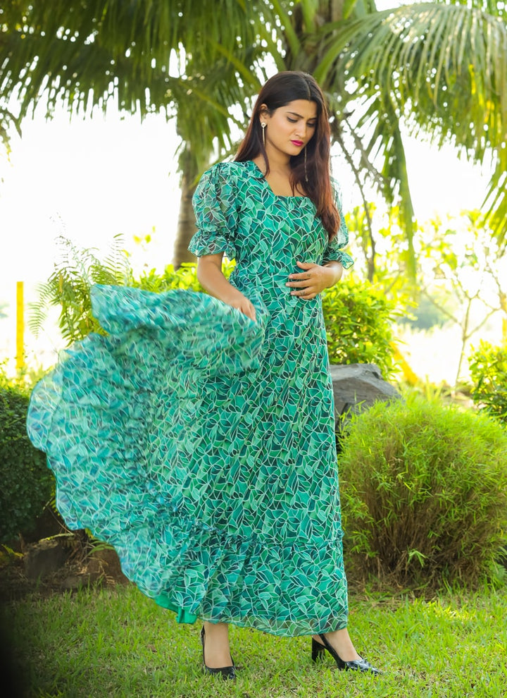 Lassya Fashion Aqua Green Elegant Georgette Maxi Dress with Ruffle Flair