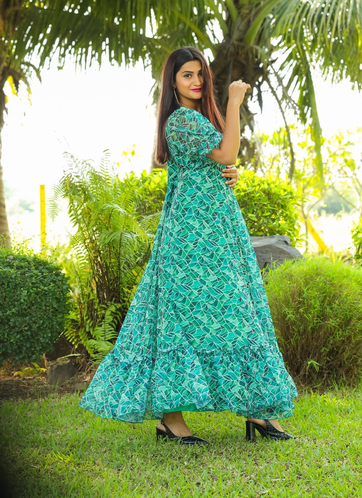 Lassya Fashion Aqua Green Elegant Georgette Maxi Dress with Ruffle Flair