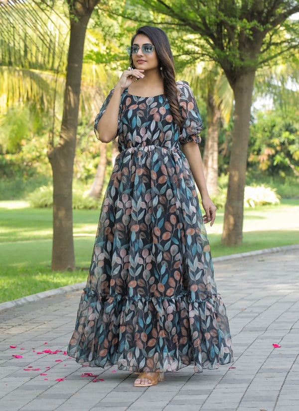 Lassya Fashion Black Elegant Georgette Maxi Dress with Ruffle Flair