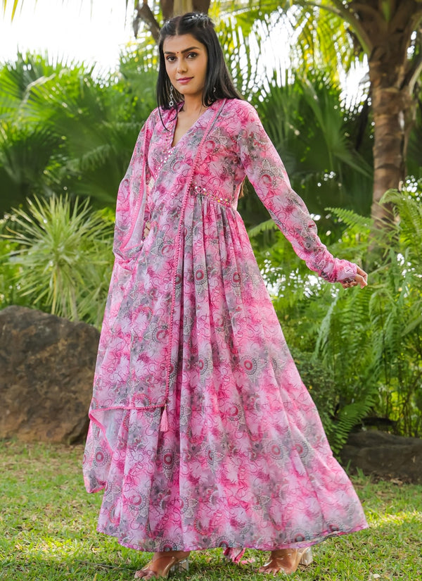 Lassya Fashion Rose Pink Graceful Alia Cut Gown with Dupatta for Festive Occasions
