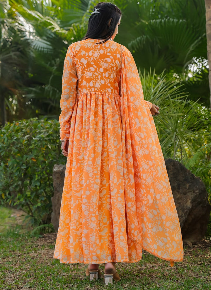 Lassya Fashion Apricot Orange Graceful Alia Cut Gown with Dupatta for Festive Occasions