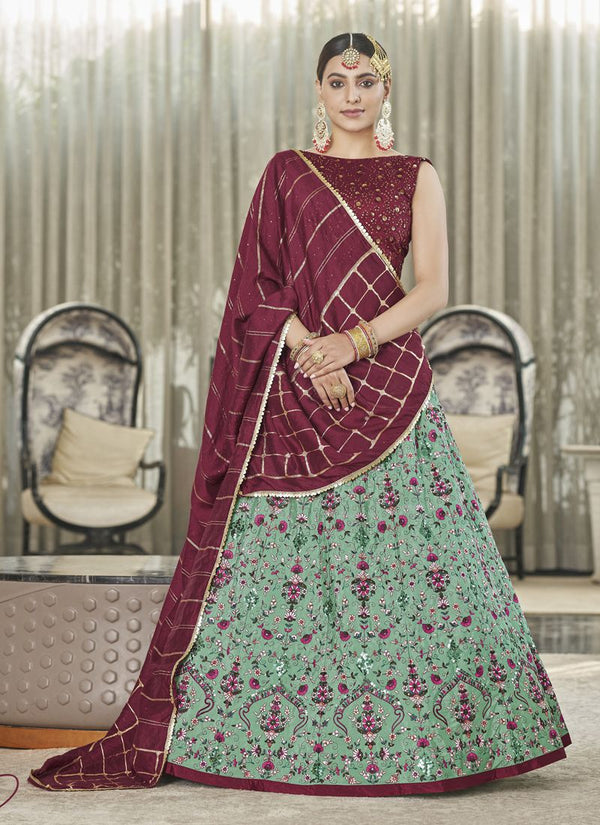 Pista Green and Maroon Silk Thread with Sequins Embroidery Work Lehenga Choli
