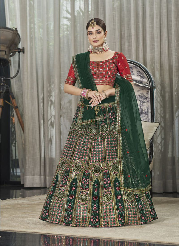 Scarlet Red And Green Silk Thread with Sequins Embroidery & Stone Work Lehenga Choli