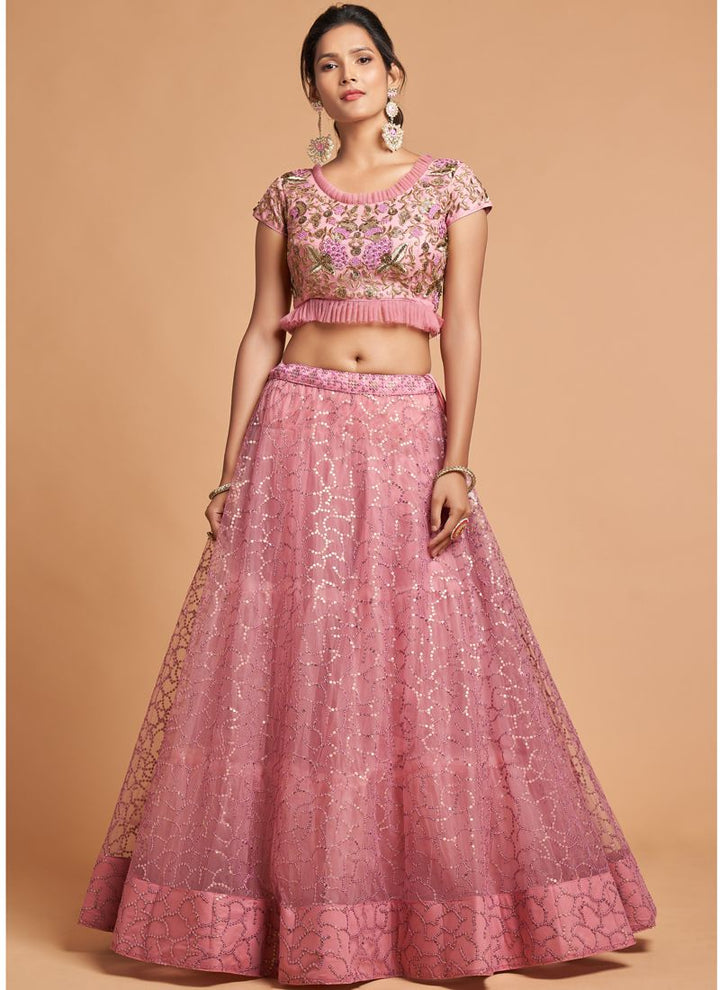 Rose Pink Sequins Embroidered Work Lehenga Choli With Soft Net Dupatta.