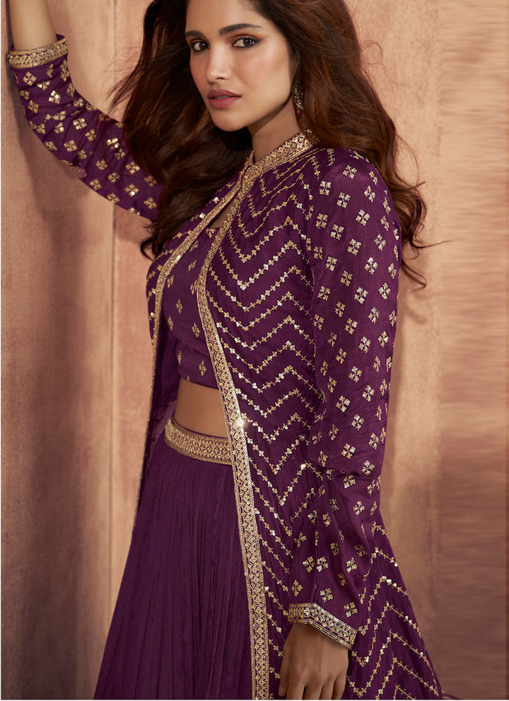 Mulberry Purple Indowestern Crop Top With With Jacket And Long Skirt.