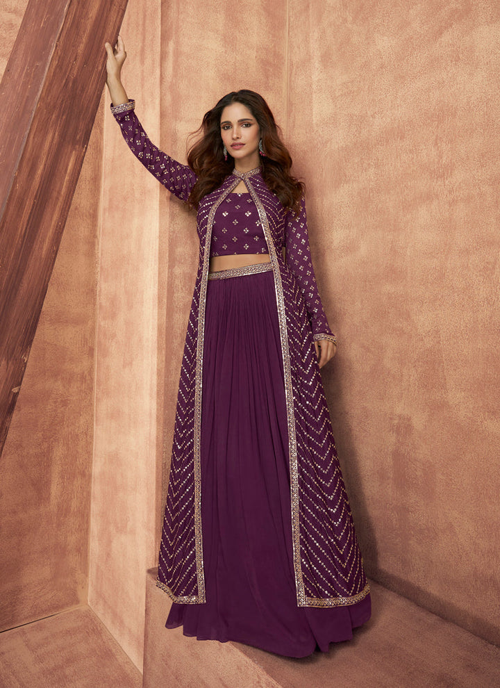 Mulberry Purple Indowestern Crop Top With With Jacket And Long Skirt.