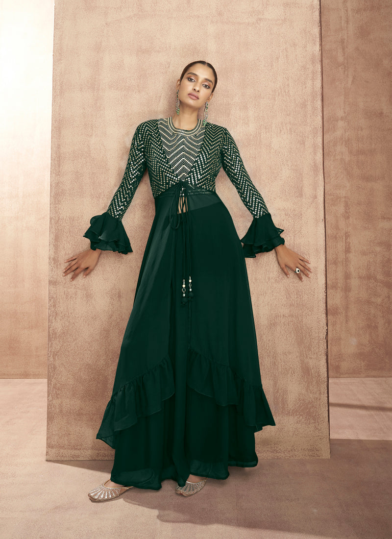 Dark Green Indowestern Crop Top With With Jacket And Long Skirt.