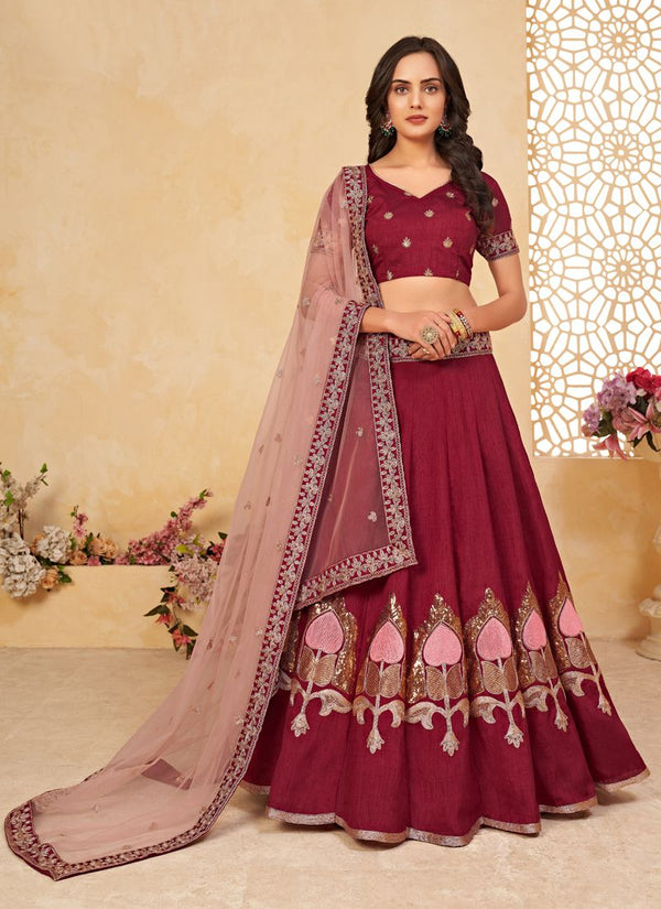 Wine Red Heavy Silk Seqins Embroidered Work Lehenga Choli With Net Duppata.