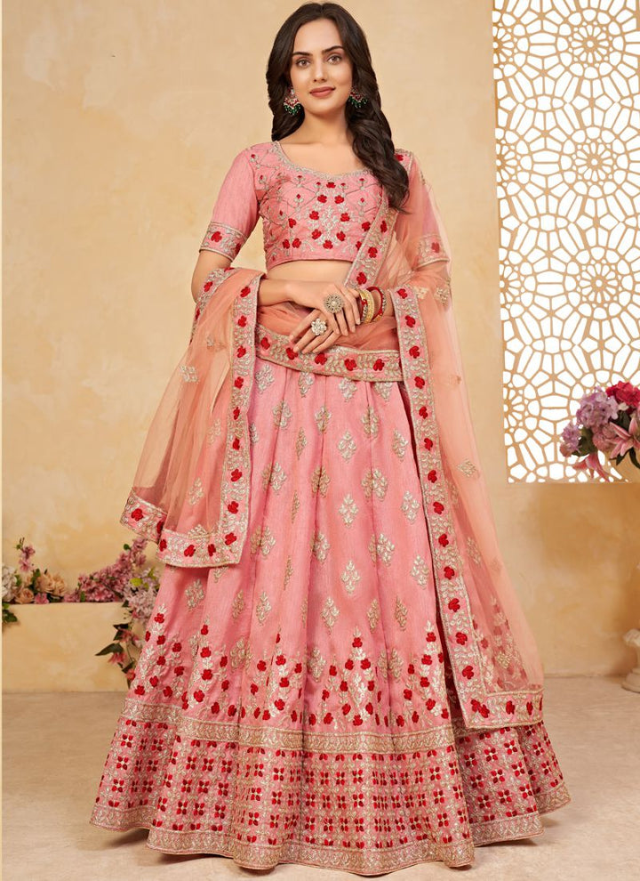 Rose Pink Heavy Silk Seqins Embroidered Work Lehenga Choli With Net Duppata.