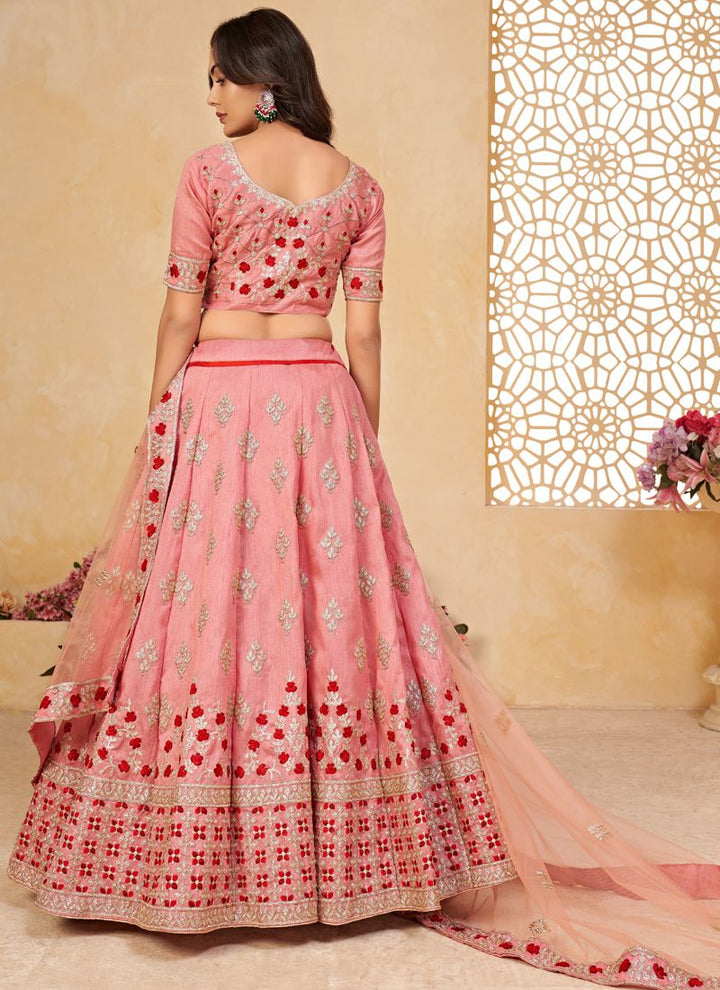 Rose Pink Heavy Silk Seqins Embroidered Work Lehenga Choli With Net Duppata.