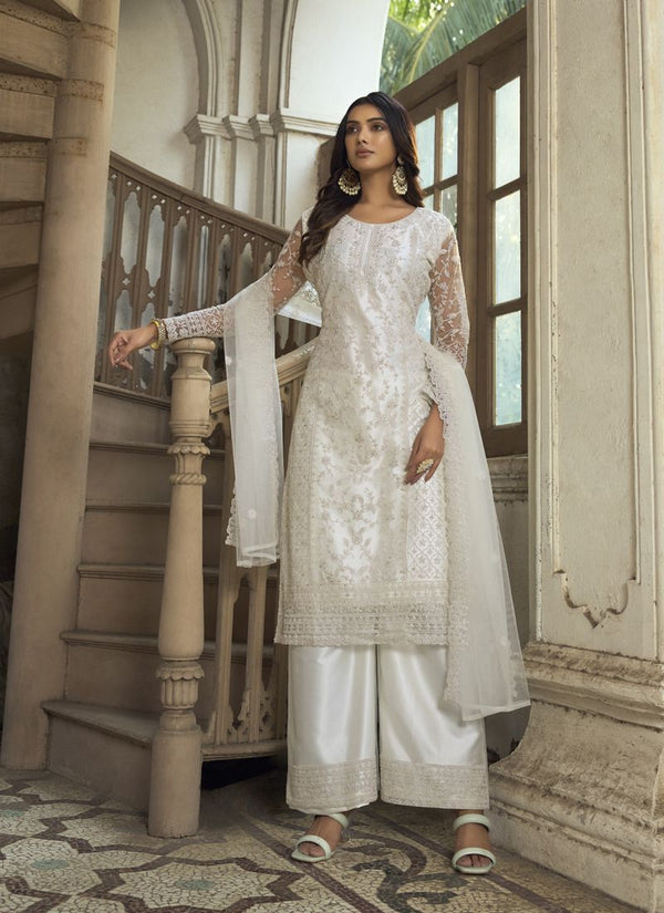 Pearl White Embroidered Net Pakistani Style Festive Wear Salwar Suit
