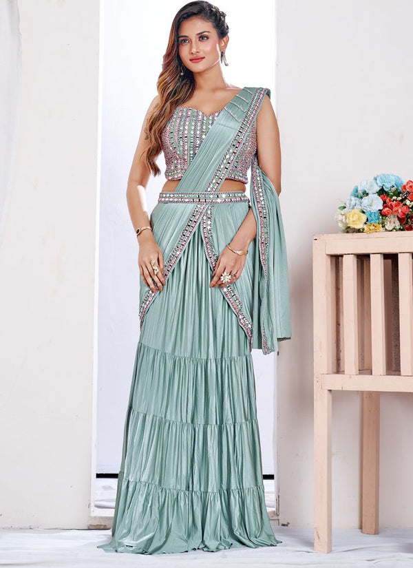 Indo Western Skirt Saree With Shiny Mirror and Resham Handwork Blouse