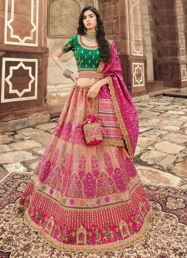 Fusia Pink And Green Banarasi Silk Designer Lehenga Choli