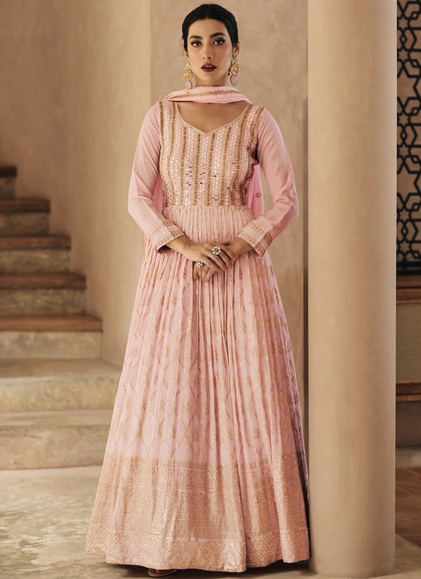 Rose Pink Color Party Wear Anarkali Style Sharara Suit