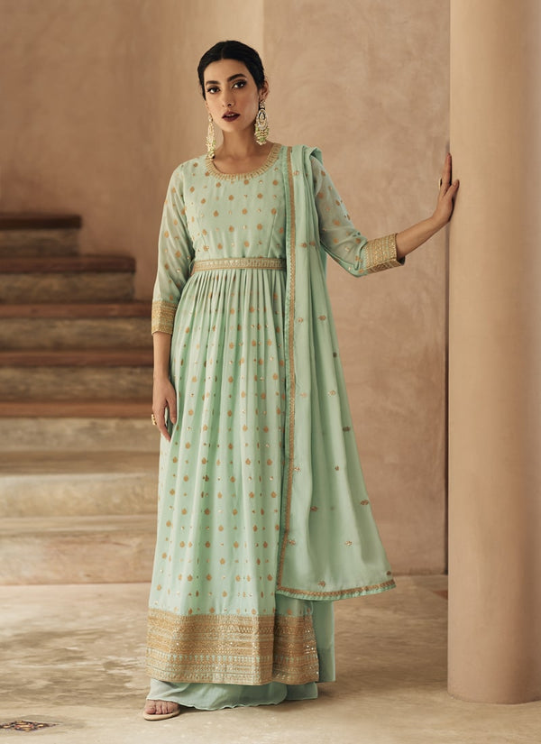 Pista Green Color Party Wear Anarkali Style Sharara Suit