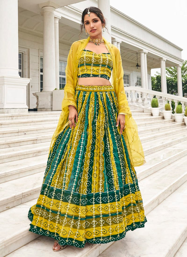 Green And Yellow Beautiful Embroidery work Lehenga Choli with Net Dupatta