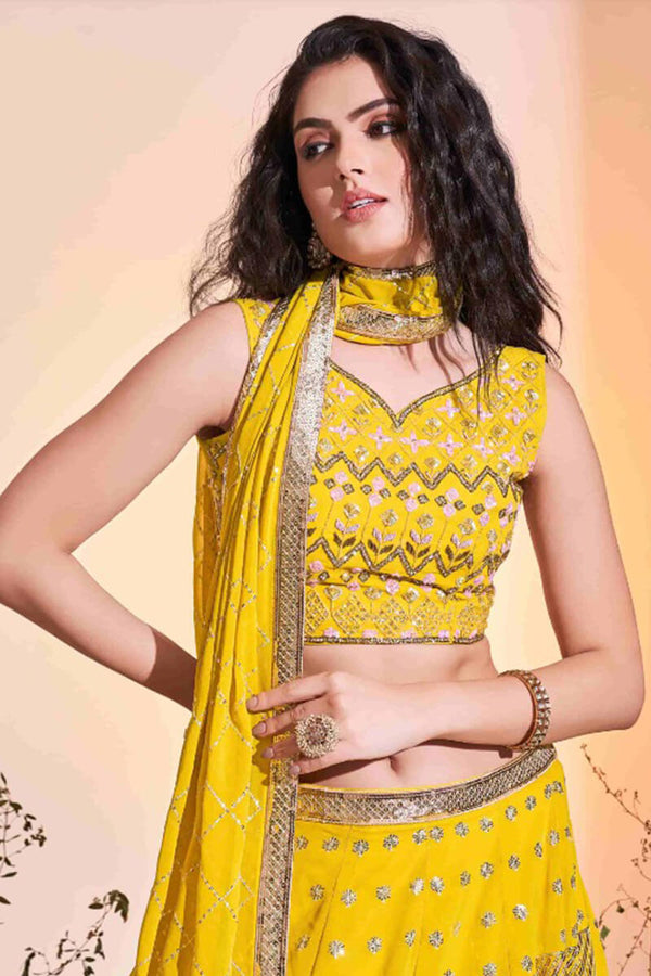 Canary Yellow Sequins Embroidered Work Lehenga Set