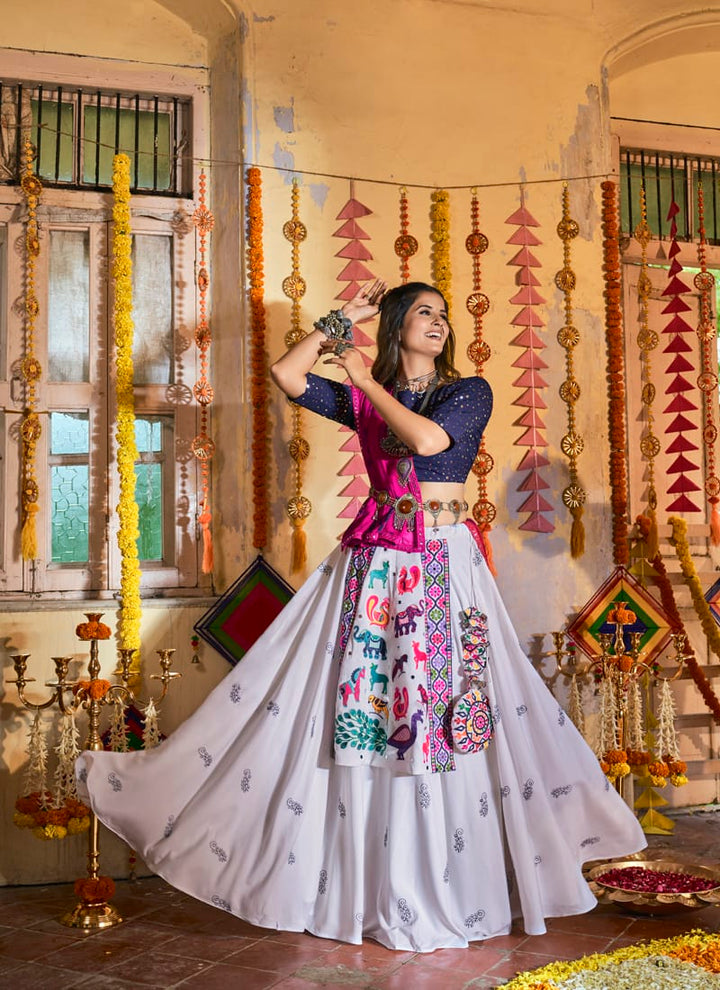 White And navy Blue Heavy Embroidered work Lehenga Choli With Pure Georgette Dupatta.