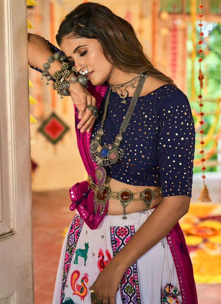 White And navy Blue Heavy Embroidered work Lehenga Choli With Pure Georgette Dupatta.