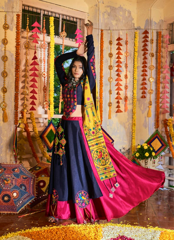 Pink And Navy Blue Heavy Embroidered work Lehenga Choli With Silk Dupatta.