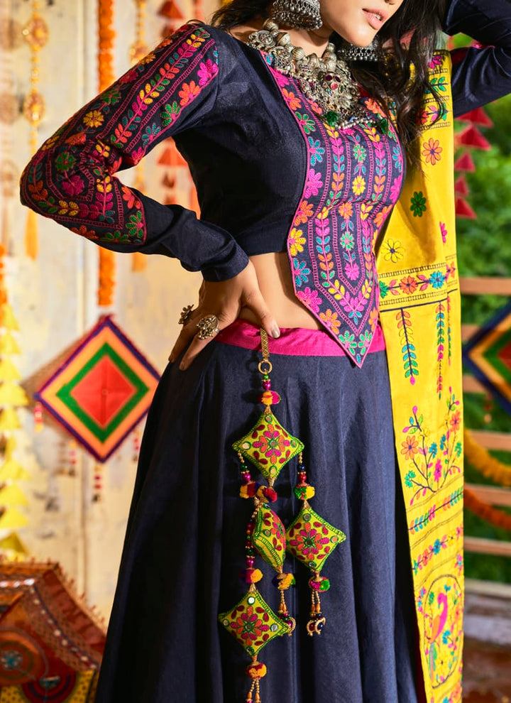 Pink And Navy Blue Heavy Embroidered work Lehenga Choli With Silk Dupatta.