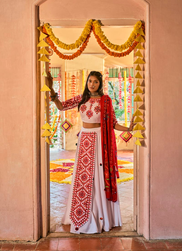 Daisy White Heavy Embroidered work Lehenga Choli With Cotton Dupatta.