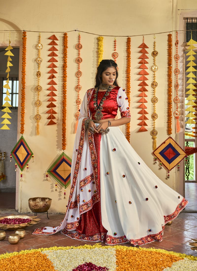 White And Candy Red Heavy Embroidered work Lehenga Choli With Muslin Cotton Dupatta.