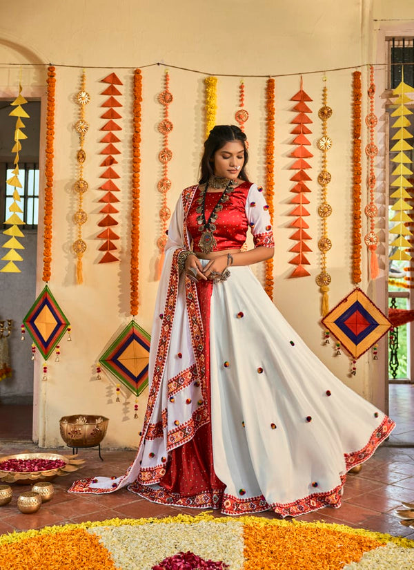 White And Candy Red Heavy Embroidered work Lehenga Choli With Muslin Cotton Dupatta.