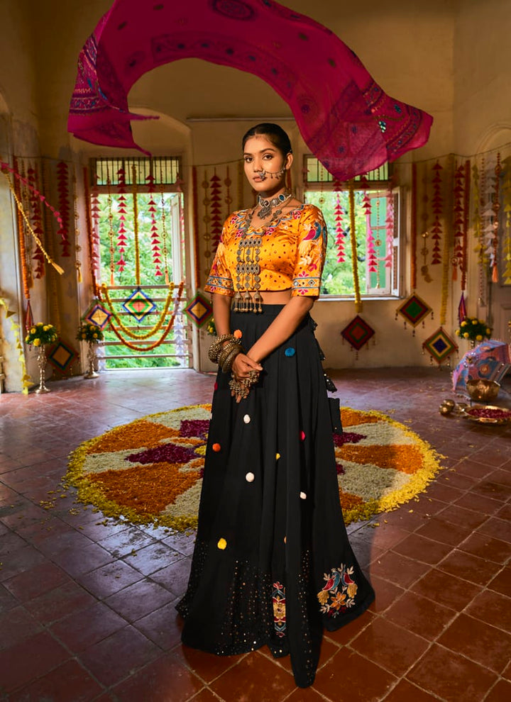 Black And Musterd Yellow Heavy Embroidered Work Lehenga Choli With Cotton Dupatta.