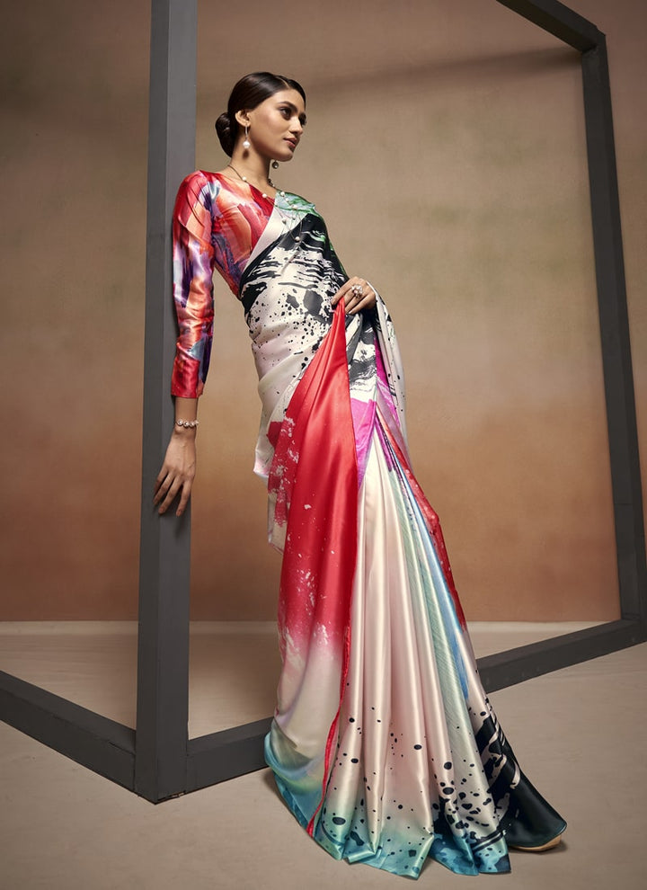 Lassya Fashion Multi Color Satin Saree Set with Digital Print Blouse