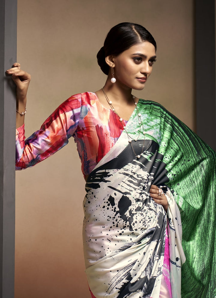 Lassya Fashion Multi Color Satin Saree Set with Digital Print Blouse