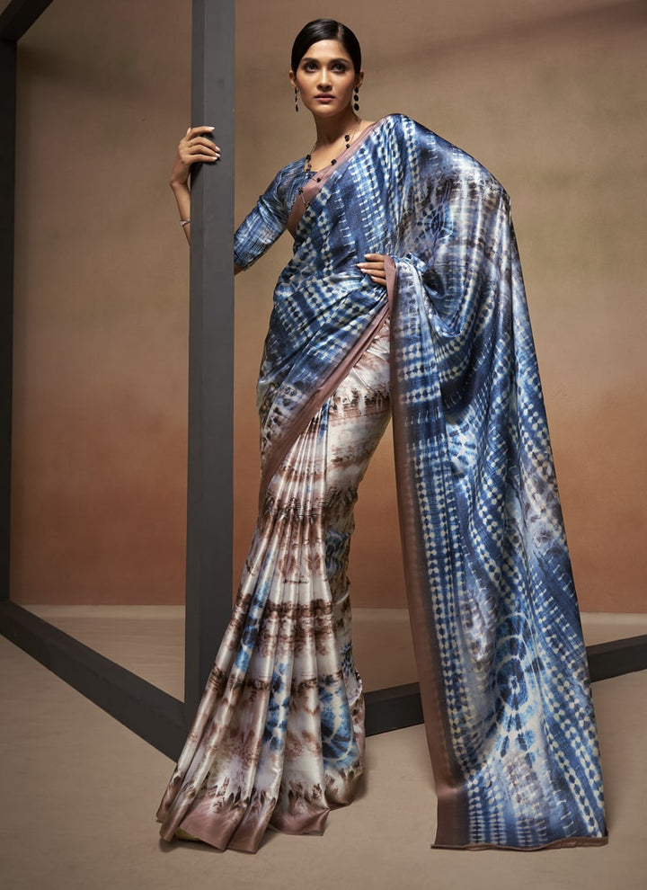 Lassya Fashion Royal Blue Satin Saree Set with Digital Print Blouse