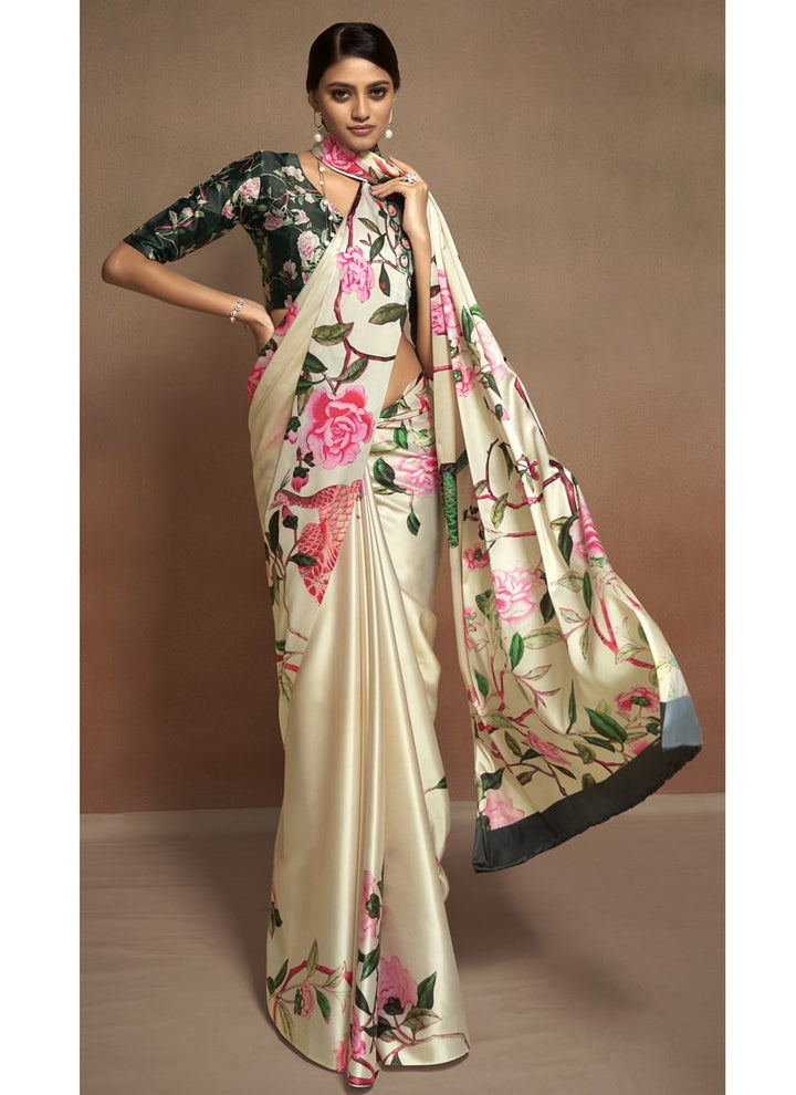 Lassya Fashion Cream Satin Saree Set with Digital Print Blouse