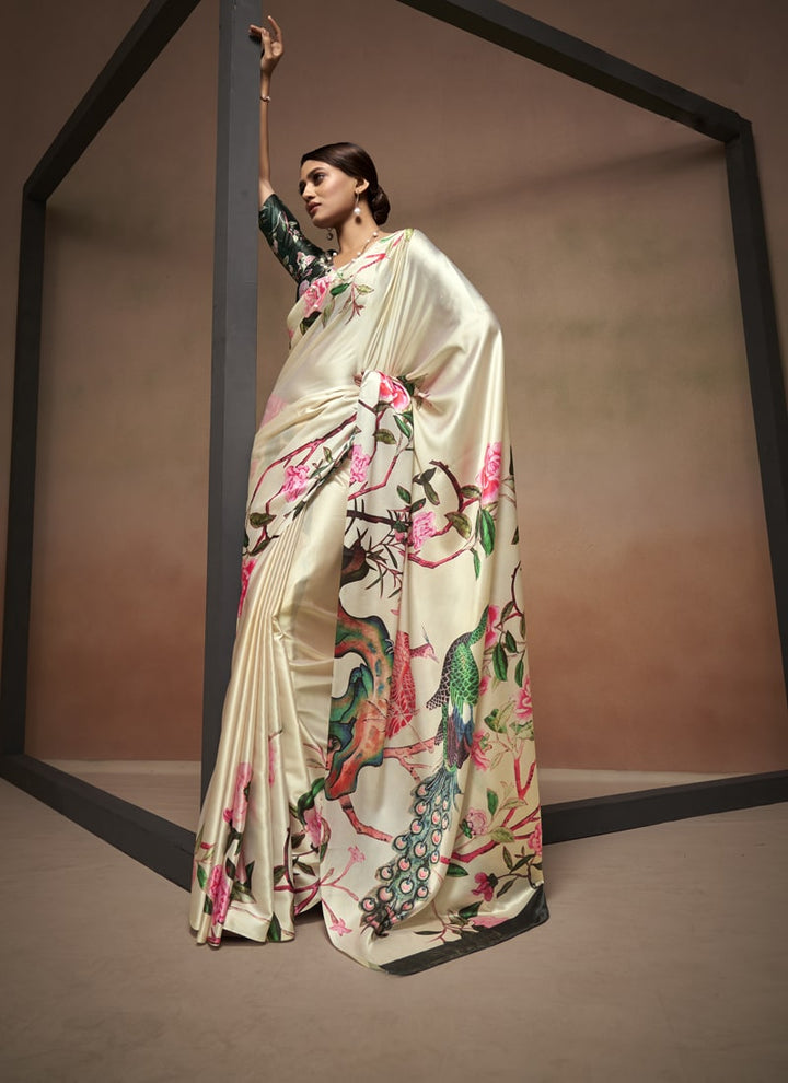 Lassya Fashion Cream Satin Saree Set with Digital Print Blouse