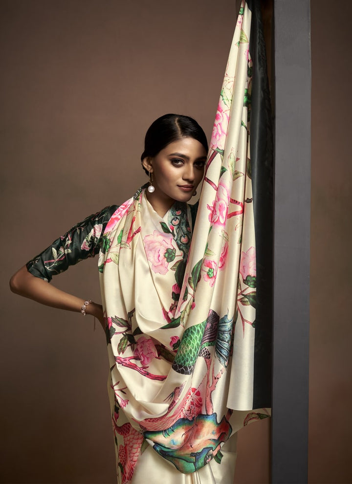 Lassya Fashion Cream Satin Saree Set with Digital Print Blouse