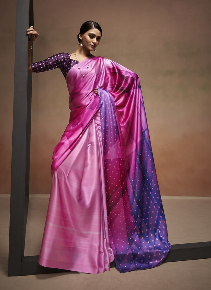 Lassya Fashion Rose Pink Satin Saree Set with Digital Print Blouse