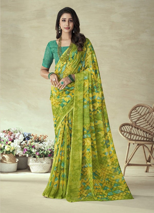 Lassya Fashion Yellow Vibrant Printed Chiffon Saree with Matching Chiffon Blouse