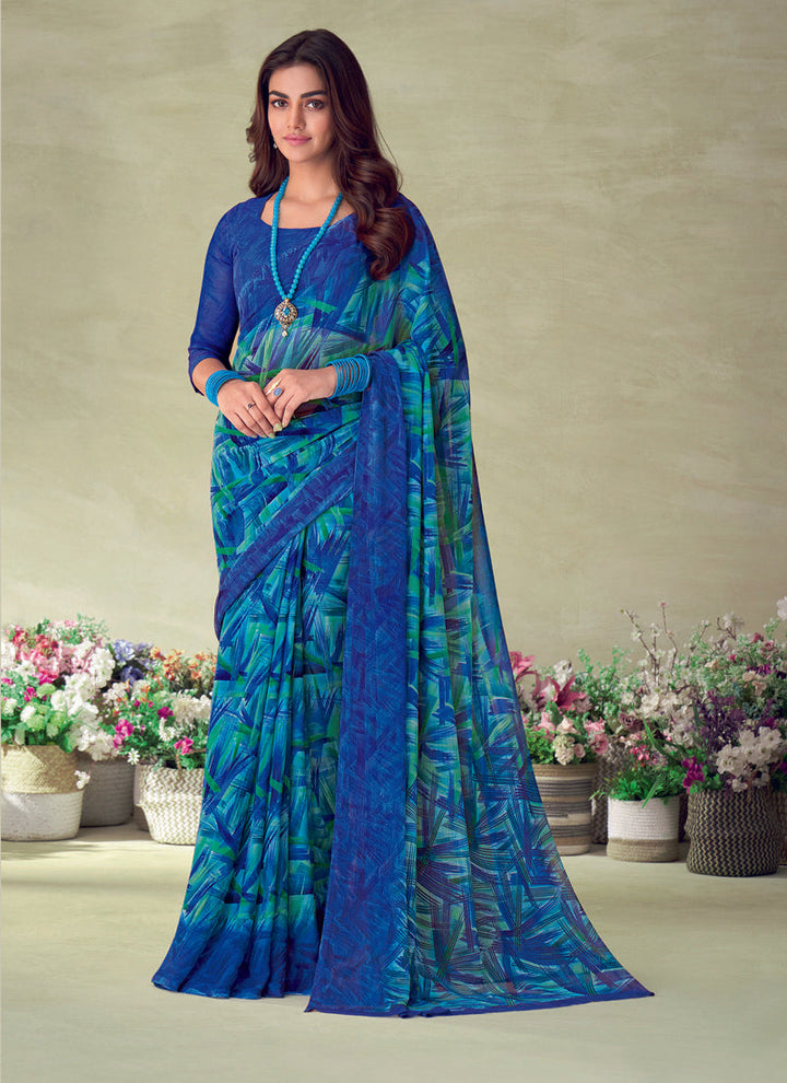 Lassya Fashion Imperial Blue Vibrant Print Saree with Complementary Chiffon Blouse