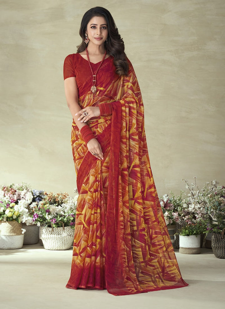 Lassya Fashion Dark Red Vibrant Print Saree with Complementary Chiffon Blouse