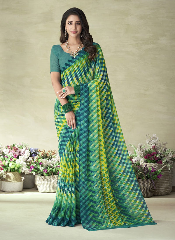 Lassya Fashion Mint Green Vibrant Print Saree with Coordinating Chiffon Blouse