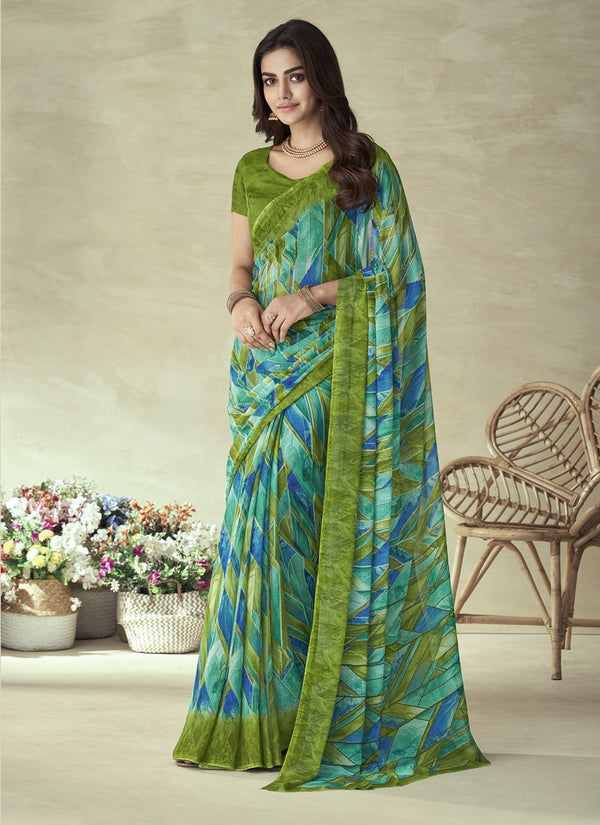 Lassya Fashion Fern Green Vibrant Print Saree and Matching Blouse Set